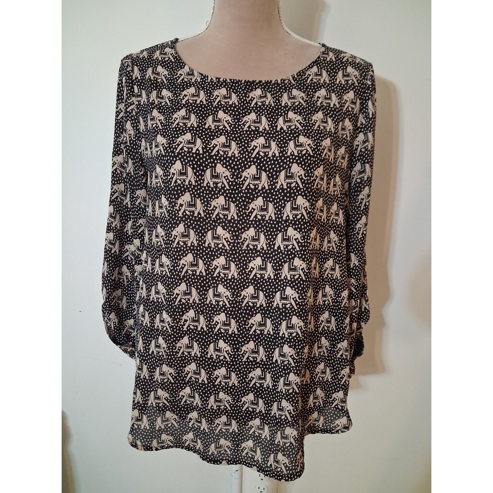 Pixley Elephant Print Roll Tab Sleeve Blouse Black Cream Scoop Neck Top Medium